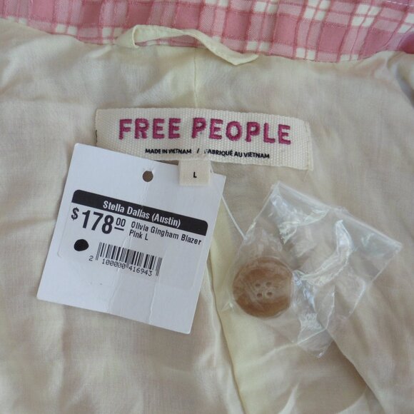 Free People Olivia Gingham Pink Plaid Check Blazer Jacket Large NEW - Picture 4 of 9